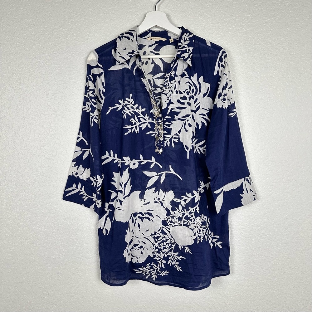 Soft Surroundings Blue Floral Top Tunic Embellish Resort Beach Coastal Sz M